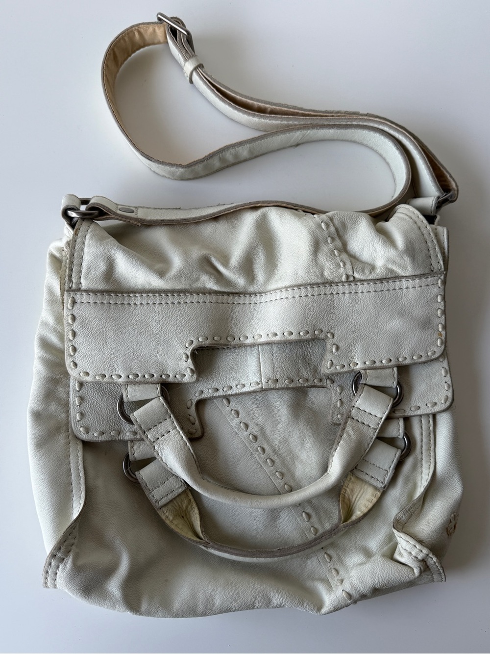 Lucky Brand Abbey Road Ivory Leather Shoulder Satchel with Stud Detailing